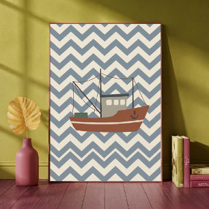 Fishing Boat Chevron Blue Boys Nursery Art Print