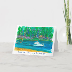 Fishing Boat Happy Birthday Custom Name Card