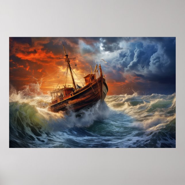 Fishing Boat In Storm Weather Surrealist Poster (Front)