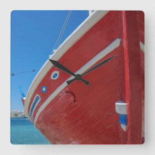 Fishing Boat In The Port Of Mykonos In Cyclades Square Wall Clock