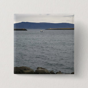 Fishing boat leaving harbour, Reykjavik, Iceland 15 Cm Square Badge