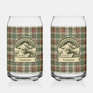 Fishing Boat Mountain Lake Sun Olive Brown Plaid Can Glass