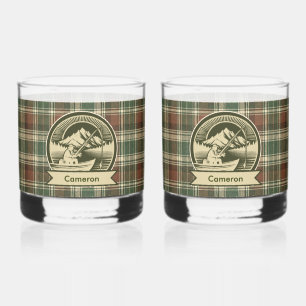Fishing Boat Mountain Lake Sun Olive Brown Plaid Whiskey Glass