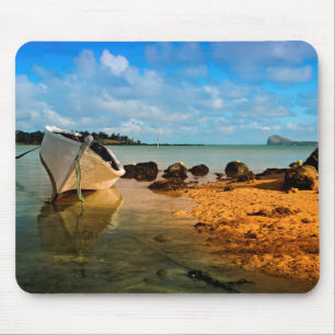 Fishing Boat On Mauritian Beach With Islet Mouse Mat