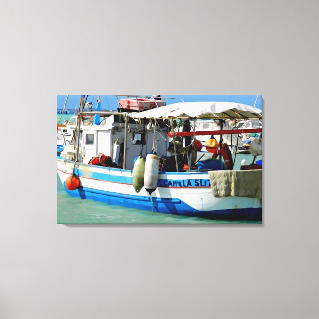Fishing boat on the Tuscan coast, painting. Canvas Print (Front)