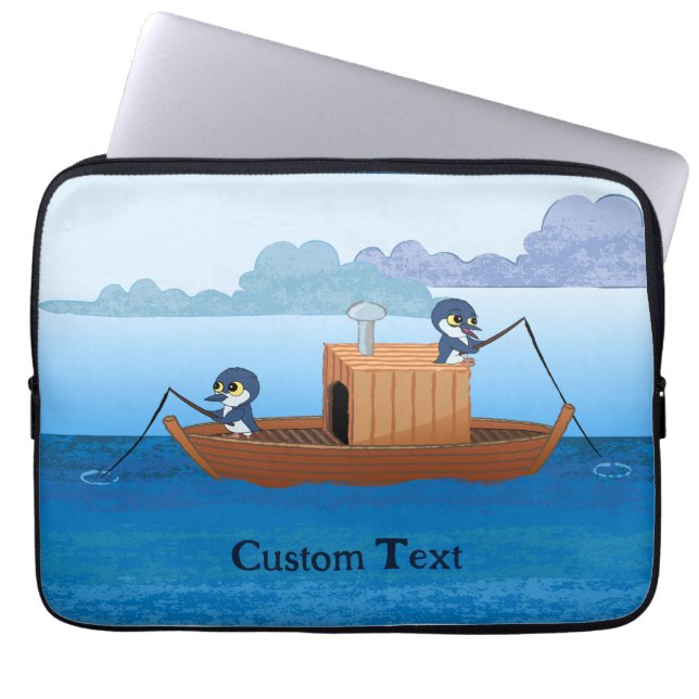 Fishing boat penguins - cute penguin cartoon laptop sleeve (Front)