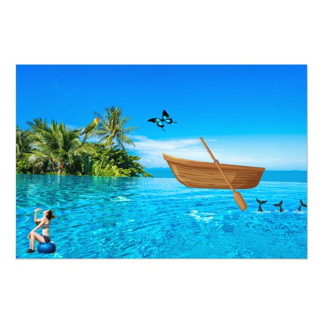 Fishing Boat Photo Print (A digital illustration features a vibrant tropical scene with a woman, a boat, and various elements!)