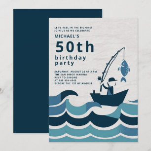 Fishing Boat Reel Elegant Casual Men 50th Birthday Invitation