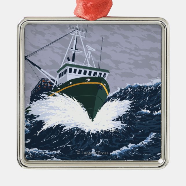 Fishing Boat Scene - Yukon, Alaska Metal Tree Decoration (Front)