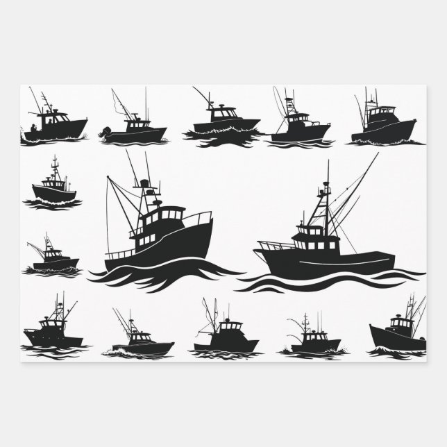 Fishing Boat Silhouette Pattern Wrapping Paper (Front)