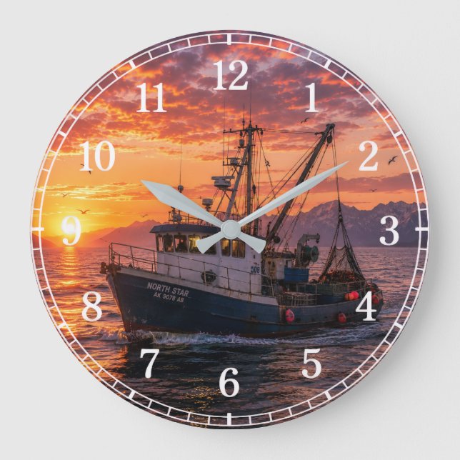 Fishing Boat Wall Clock — Coastal Landscape Design (Front)