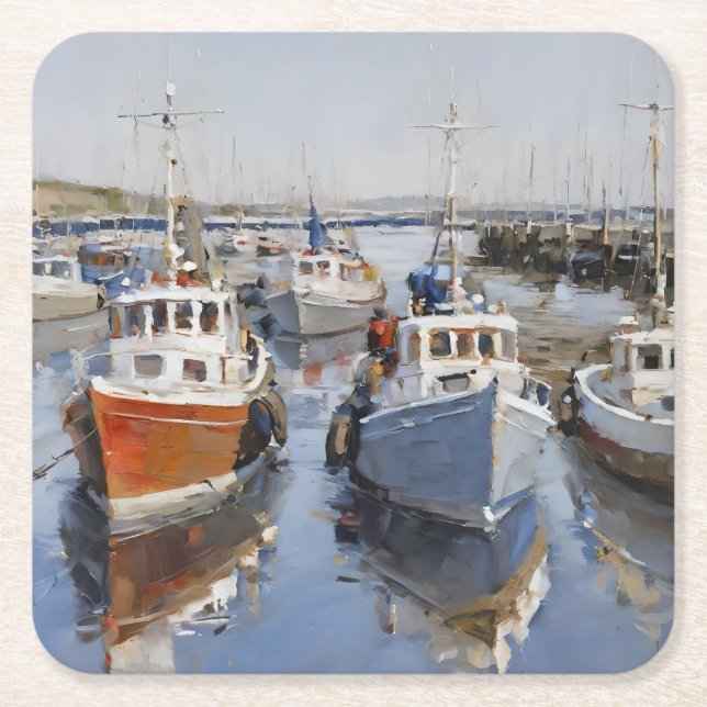 FISHING BOATS AT ANCHOR SQUARE PAPER COASTER (Front)