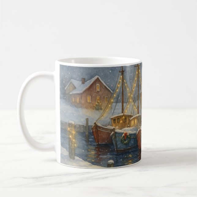 Fishing Boats in Harbor Christmas Coffee Mug (Left)
