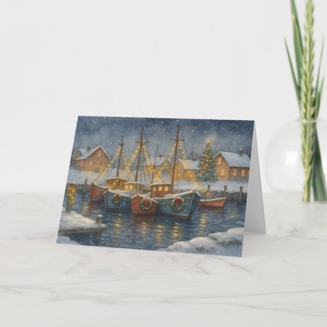 Fishing Boats in Harbour Christmas Card (Front)