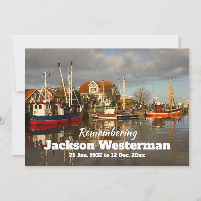 Fishing Boats in Harbour Memorial Invitation (Front)