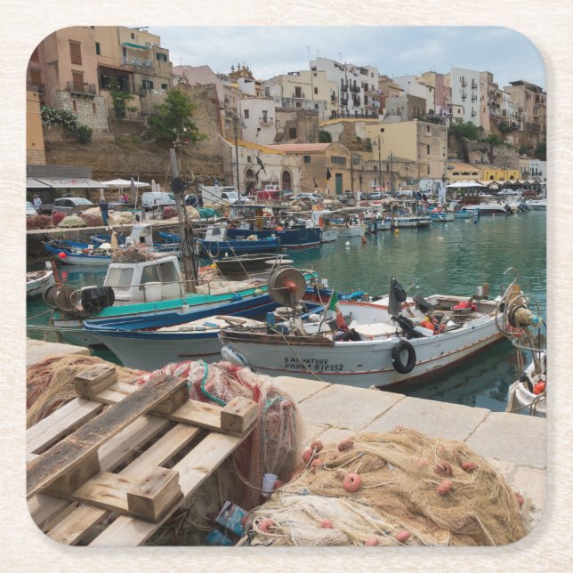 Fishing boats in the Castellammare del Golfo port Square Paper Coaster (Front)