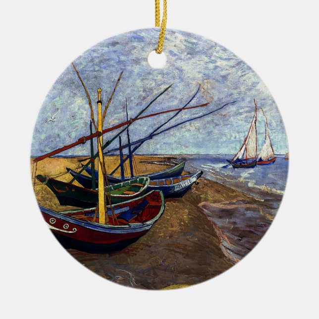 Fishing Boats on Beach Ceramic Tree Decoration (Front)
