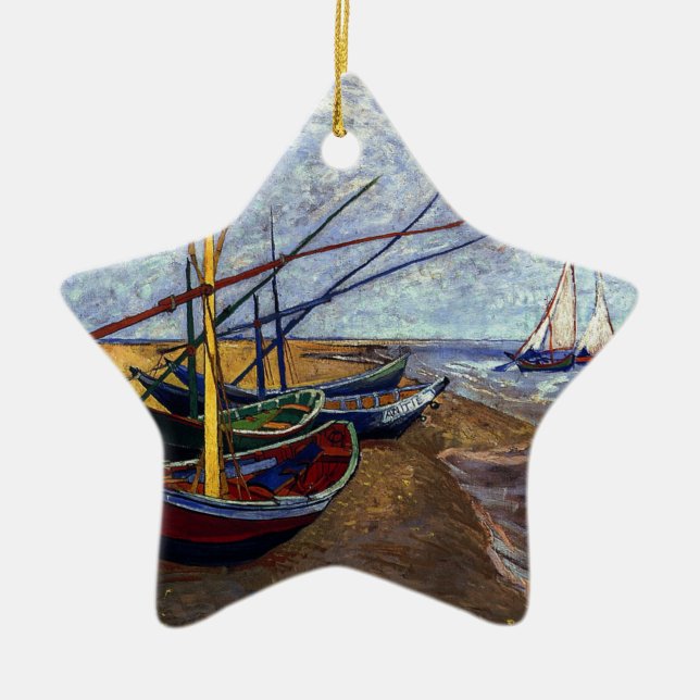 Fishing Boats on Beach Ceramic Tree Decoration (Front)