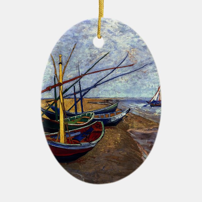 Fishing Boats on Beach Ceramic Tree Decoration (Front)