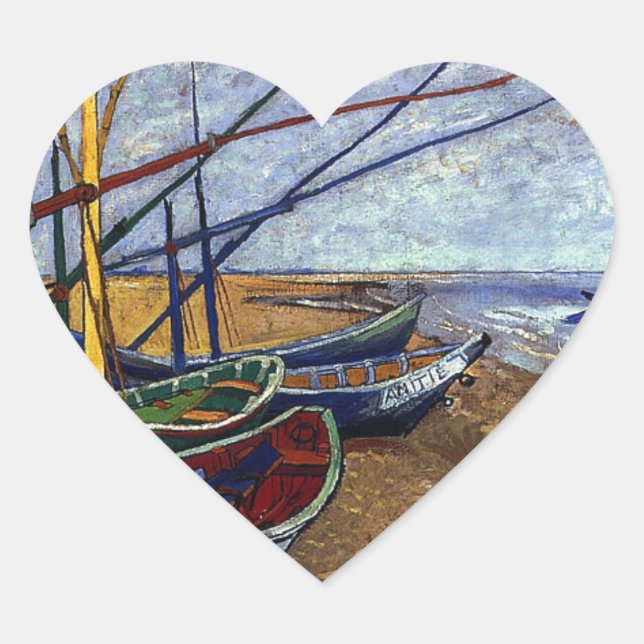 Fishing Boats on Beach Heart Sticker (Front)