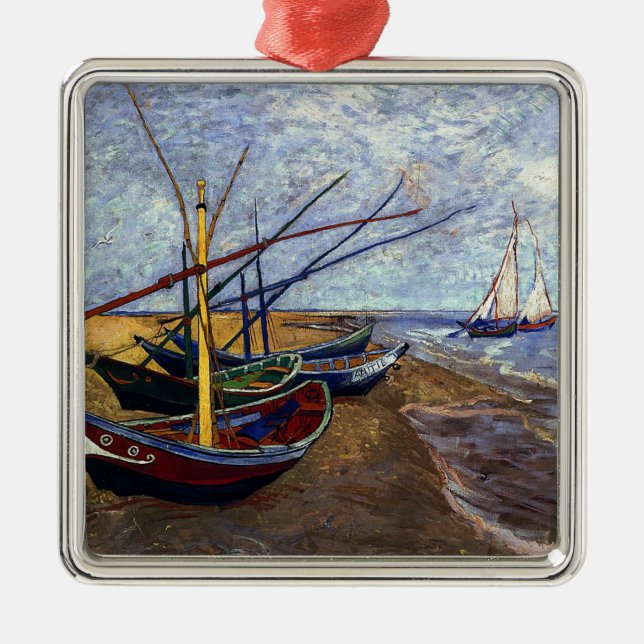 Fishing Boats on Beach Metal Tree Decoration (Front)