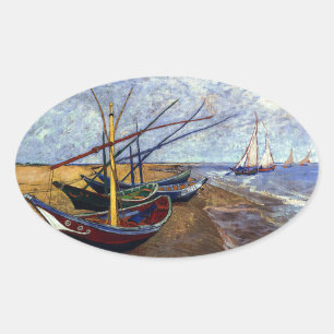 Fishing Boats on Beach Oval Sticker