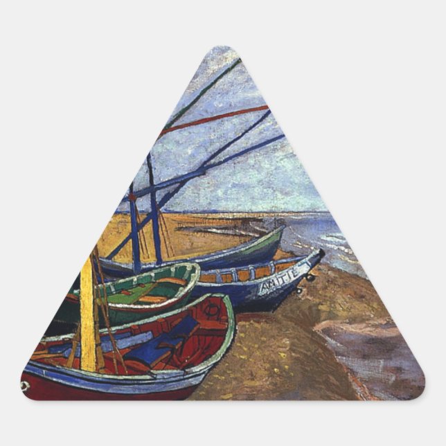 Fishing Boats on Beach Triangle Sticker (Front)