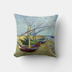 Fishing Boats on Beach Vincent Van Gogh Cushion