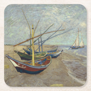 Fishing Boats on the Beach by Vincent Van Gogh Square Paper Coaster