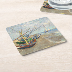 Fishing Boats on the Beach by Vincent Van Gogh Square Paper Coaster
