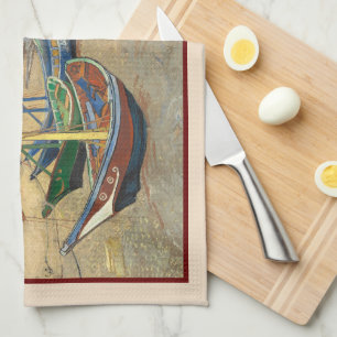 Fishing Boats on the Beach by Vincent Van Gogh Tea Towel