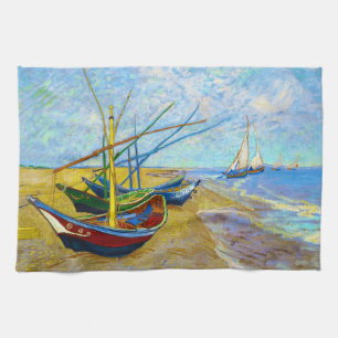Fishing Boats on the Beach by Vincent Van Gogh Tea Towel