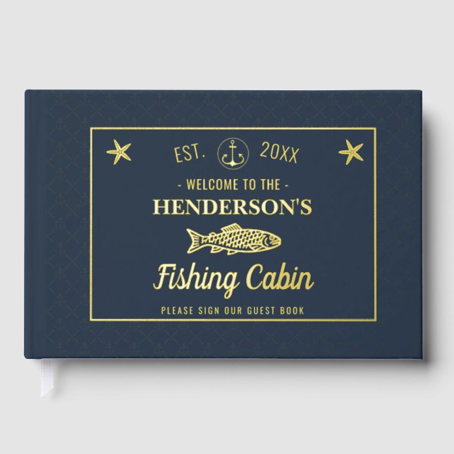 Fishing Cabin Anchors Fish Custom Welcome Gold Guest Book (Front)