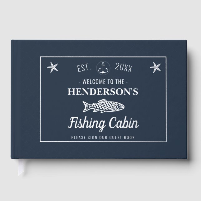 Fishing Cabin Anchors Fish Custom Welcome Silver Guest Book (Front)