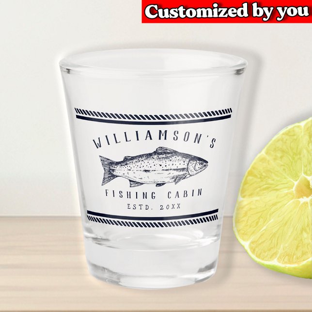 Fishing Cabin family name Minimal Navy blue Rustic Shot Glass (Creator Uploaded)