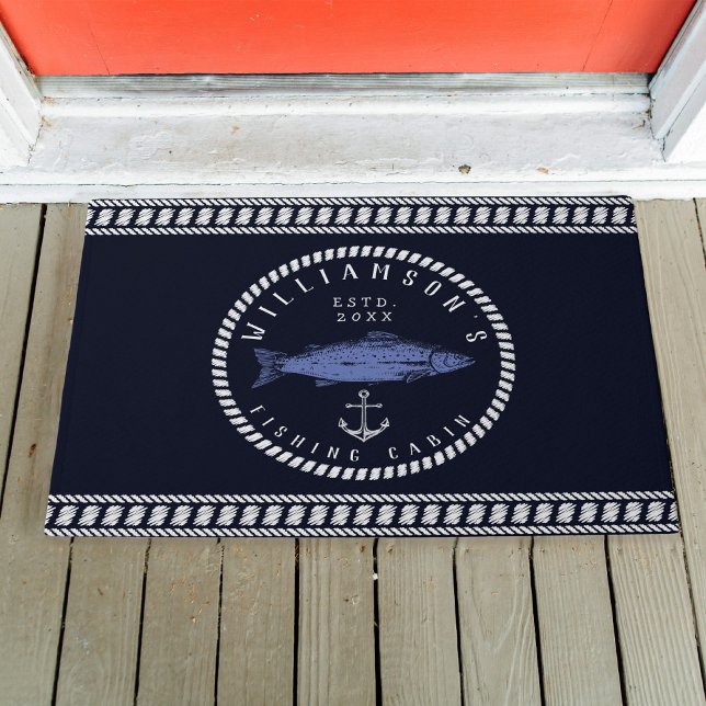 Fishing Cabin family name Navy blue Rustic Doormat (Creator Uploaded)