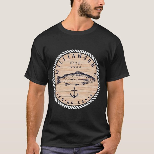 Fishing Cabin family name Wood Navy blue Rustic T-Shirt (Front)