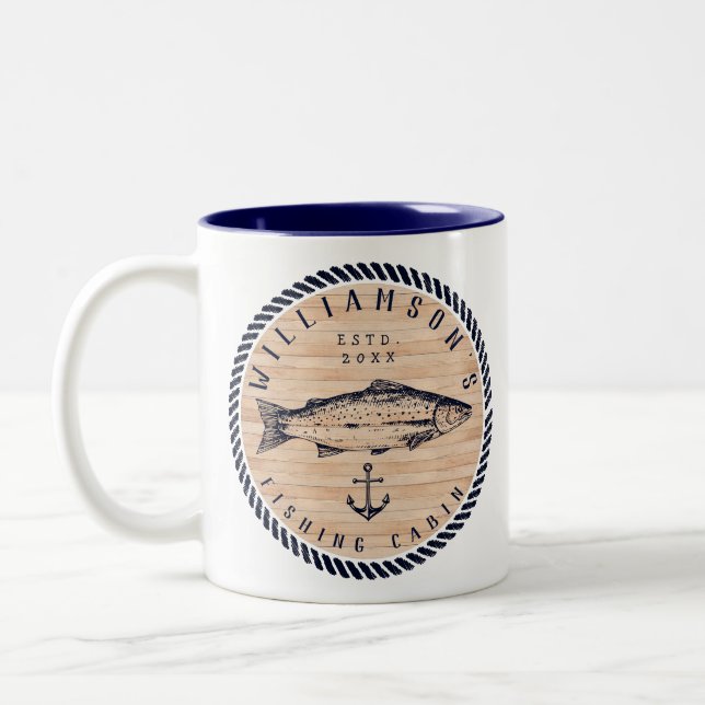 Fishing Cabin family name Wood Navy blue Rustic Two-Tone Coffee Mug (Left)