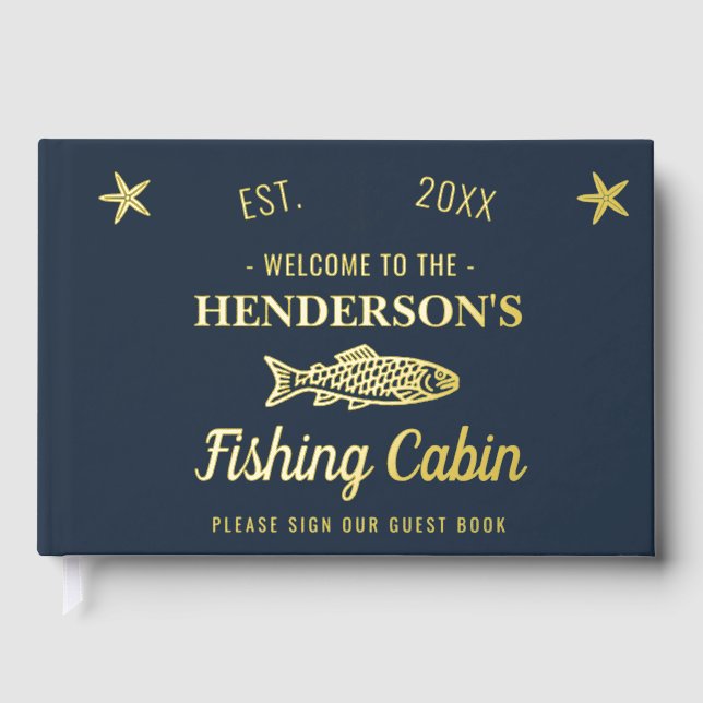 Fishing Cabin Personalised Welcome Gold Fish Guest Book (Front)