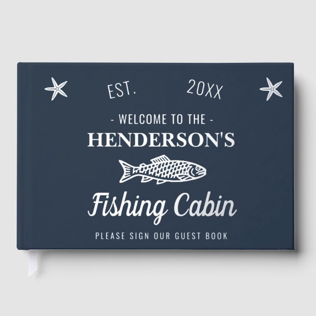 Fishing Cabin Personalised Welcome Silver Fish Guest Book (Front)