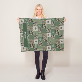 Fishing Camouflage Camo Patchwork Khaki Green Fleece Blanket
