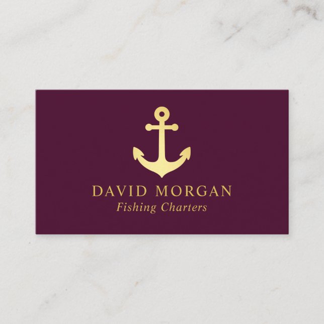 Fishing Charters Anchor Logo Burgundy And Gold  Business Card (Front)