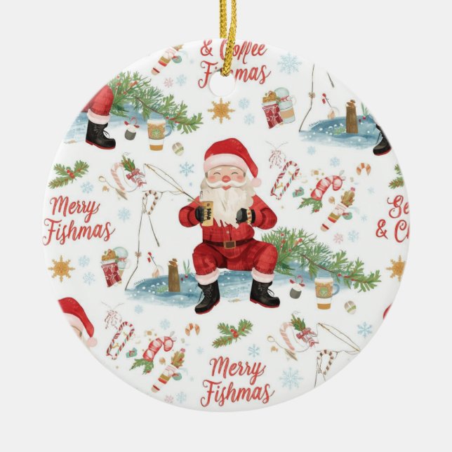Fishing Christmas Themed  Ceramic Tree Decoration (Front)