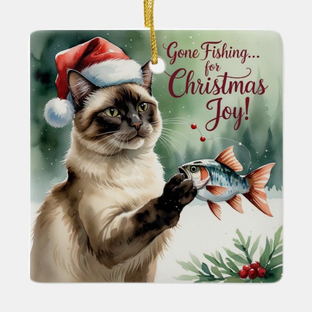 Fishing Christmas themed for Cat Lovers Ceramic Ornament (Front)