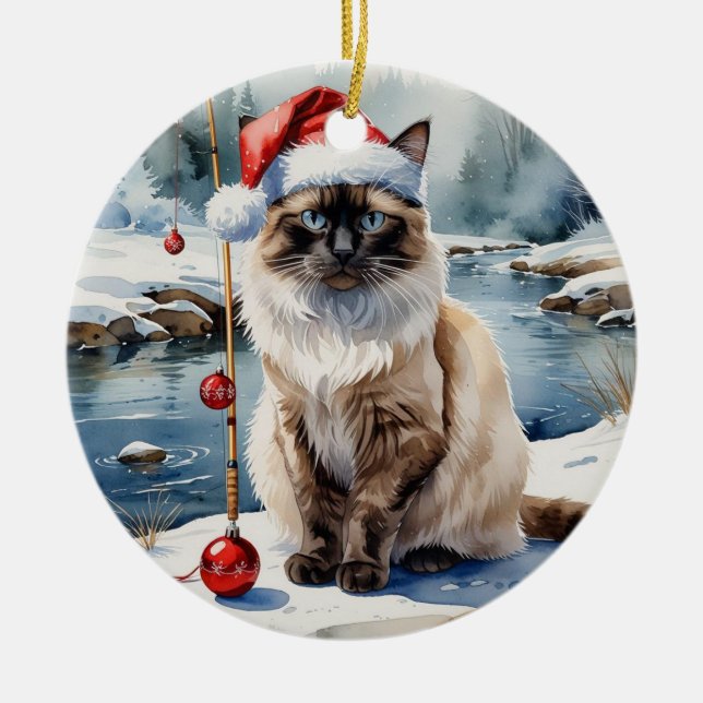 Fishing Christmas themed for Cat Lovers Ceramic Tree Decoration (Front)