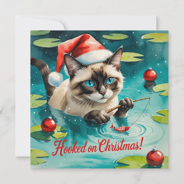 Fishing Christmas themed for Cat Lovers Holiday Card (Front)
