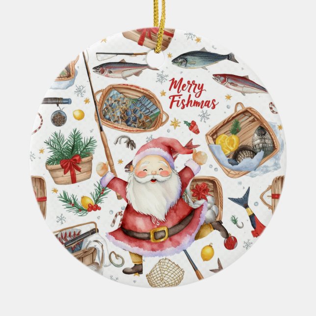 Fishing Christmas Themed with Santa Claus Ceramic Tree Decoration (Front)
