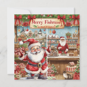 Fishing Christmas Themed with Santa Claus Holiday Card