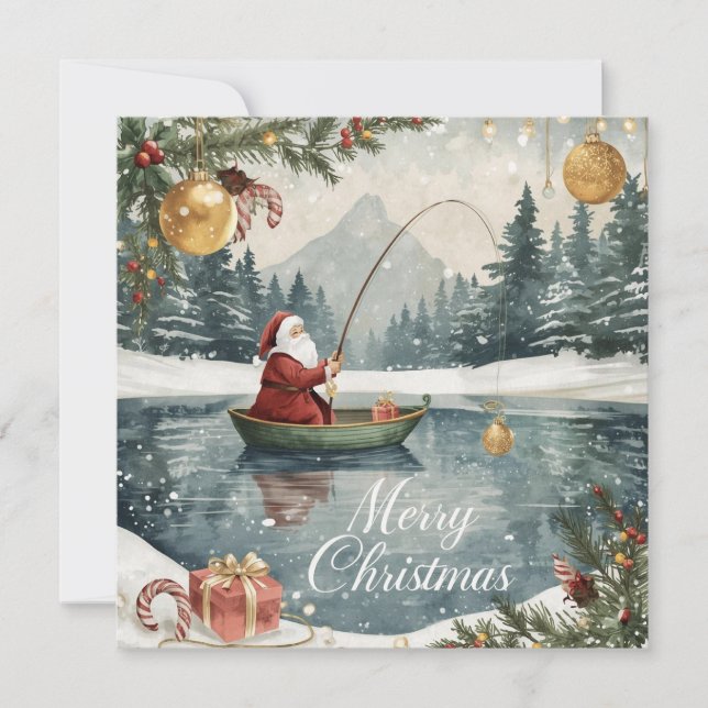 Fishing Christmas with Santa Claus in the Winter Holiday Card (Front)