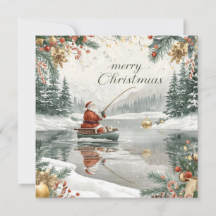 Fishing Christmas with Santa Claus in the Winter Holiday Card